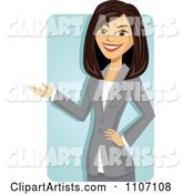 Happy Brunette Businesswoman in a Gray Suit Presenting over a Blue Rectangle