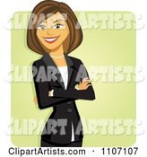 Happy Brunette Businesswoman with Folded Arms over Green