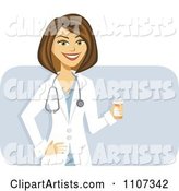 Happy Brunette Female Doctor Holding a Pill Bottle over Purple