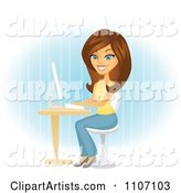 Happy Brunette Woman Blogging at Her Computer Desk over Blue