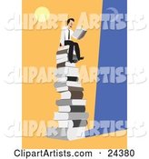 Happy Businessman Seated on Top of a Giant Stack of Books Under the Moon and Sun, Reading a Novel