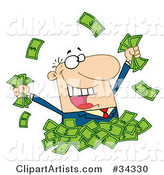 Happy Caucasian Businessman Playing in a Pile of Money
