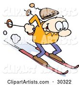 Happy Caucasian Guy Skiing Fast Downhill on Skis, Holding Poles Behind Him, His Cap Flying off His Head