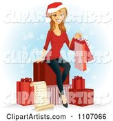 Happy Caucasian Woman with a Christmas Shopping List Bags and Gifts over Snowflakes