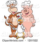 Happy Chef Bull Chicken and Pig Holding Thumbs up and Tongs