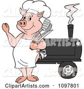 Happy Chef Pig Waving and Standing by a Bbq Smoker