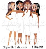 Happy Diverse Ladies in White Formal Dresses