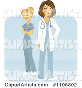 Happy Female Doctors Posing over a Blue Square