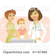 Happy Female Pediatric Doctor with a Baby Girl and Mom over Pink
