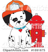 Happy Fire Department Dalmatian Puppy by a Hydrant