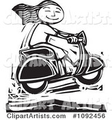 Happy Girl Catching Air on Her Scooter Black and White Woodcut