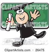 Happy Graduate Boy in a Cap and Gown, Dancing with His Diploma in Front of a Chalk Board