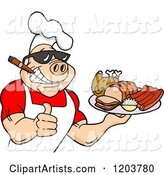 Happy Muscular Chef Pig Wearing a Hat and Sunglasses, Smoking a Cigar, Holding a Thumb up and a Plate of Bbq Meats