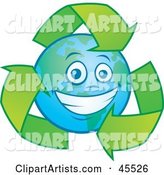Happy Planet Earth Smiling and Being Circled by Recycle Arrows