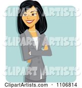 Happy Professional Asian Business Woman with Folded Arms over a Blue Square