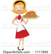 Happy Retro Blond Woman Carrying a Roasted Thanksgiving or Christmas Turkey on a Platter