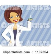 Happy Scientist Woman Holding up a Beaker over Stripes