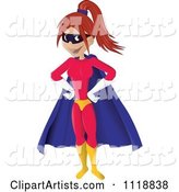 Happy Super Woman in a Blue Cape and Red Suit