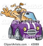 Happy Waving Dog Driving a Purple Convertible Car