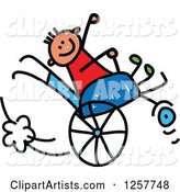 Happy White Disabled Stick Boy Playing in His Wheelchair