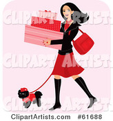 Happy Woman Carrying Boxes and Walking Her Dog While Shopping