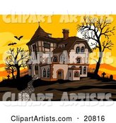 Haunted Spooky Halloween Mansion at Sunset with Flying Bats, Bare Trees and Silhouetted Headstones