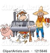 Hillbilly Man with a Rifle, Holding Ribs by a Bbq Smoker with a Cow Chicken and Pig