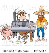 Hillbilly Man with a Rifle, Standing by a Bbq Smoker with a Cow Chicken and Pig