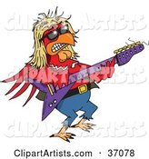 Hip Red Rooster Playing an Electric Guitar at a Rock N Roll Concert