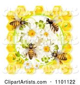 Honey Bees on Daisies Clovers and Honeycombs