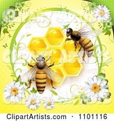 Honey Bees over Honeycombs in a Diasy Frame on Yellow