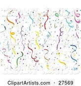 Horizontal Colorful Background of Party Streamers and Confetti over a White