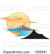 Huge Sun Setting with Clouds and Mountainous Islands
