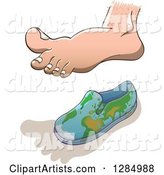 Human Foot Casting a Shadow over a Small Globe Shoe for Earth Overshoot Day