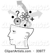 Human Head in Profile, Brainstorming with Arrows, Circles, Questions and Atoms