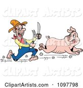 Hungry Hillbilly Man Chasing a Pig with a Knife and Fork