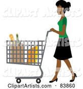 Indian Woman Pushing Bagged Groceries in a Shopping Cart