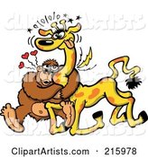 Infatuated Gorilla Hugging a Giraffe