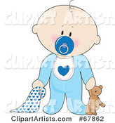 Innocent Black Baby Boy with a Teddy Bear, Pacifier and Blanket