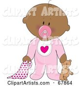 Innocent Black Baby Girl with a Teddy Bear, Pacifier and Blanket