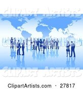International Business People Conducting Business over a Grid Surface with a Blue Map Background