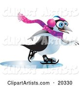 Jolly Blue Eyed Penguin Wearing Ear Muffs and a Scarf, Having Fun While Ice Skating on Frozen Water on a Winter Day