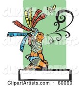 Kneeling Mayan Chief Blowing Smoke near a Butterfly, over a Blank Sign