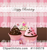 Lacy Happy Birthday Greeting over Cupcakes on Pink and Brown