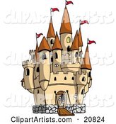 Large Castle with the Gate down for Visiters and Red Flags Flying from the Towers