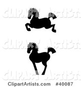 Leaping and Proud Black Silhouetted Oriental Horses in Profile