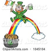 Leprechaun Holding Beer and an Irish Flag While Sliding down a Rainbow