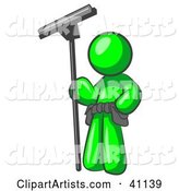 Lime Green Man Window Cleaner Standing with a Squeegee