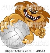 Lion Character Mascot Grabbing a Volleyball