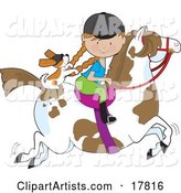 Little Girl Riding a Painted Pony with a Cavalier King Charles Spaniel Sitting Behind Her, Holding on to Her Braids